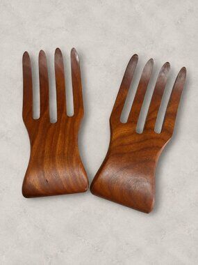 Vintage MCM Teak Wood Hand Shaped Salad Servers Set of 2 Danish Modern Style